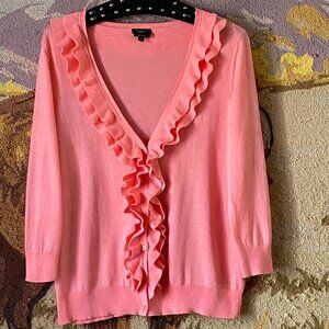 Talbots Pima Cotton Pet M Ruffle Cardigan Button Sweater 3/4 Sleeve Pink Coral